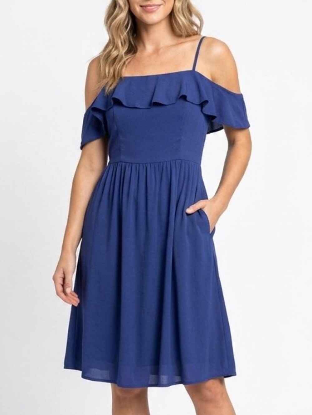 Davi & Dani Navy Blue Cold-Shoulder Ruffle Midi Dress with Pockets Size M